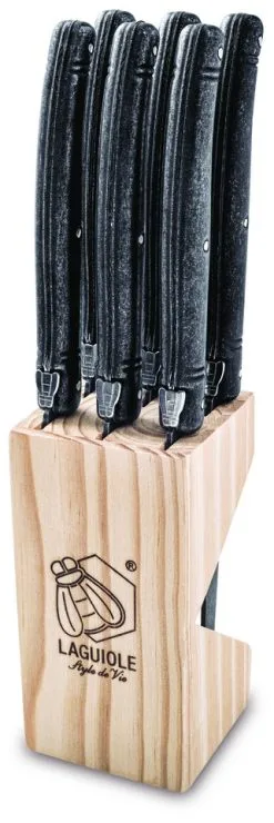 Laguiole Steakmes Set 6 Stuks Zwart Stonewash In Houten Blok By Style De Vie