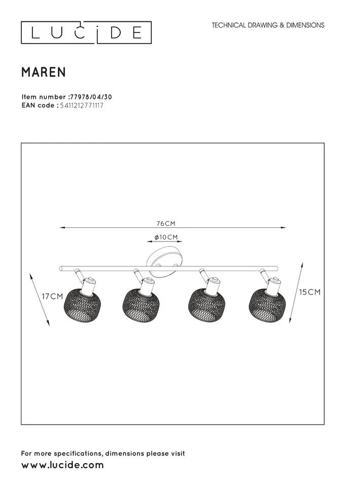 Lucide Maren Spot 4x Zwart 4x E14 Socket 8 Lucide Maren Spot 4x Zwart 4x E14 Socket - Afbeelding 6